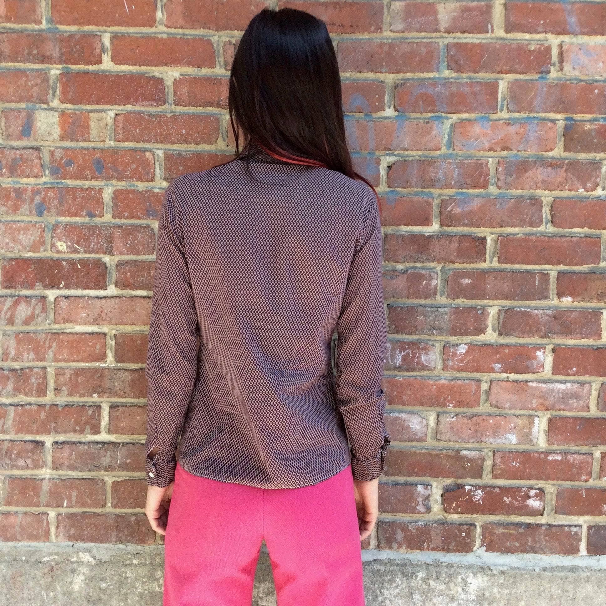 Back view of 1970s Jean Cacharel Paris lightweight diamond shape printed Blouse, sold by bohemevintage.com Montréal