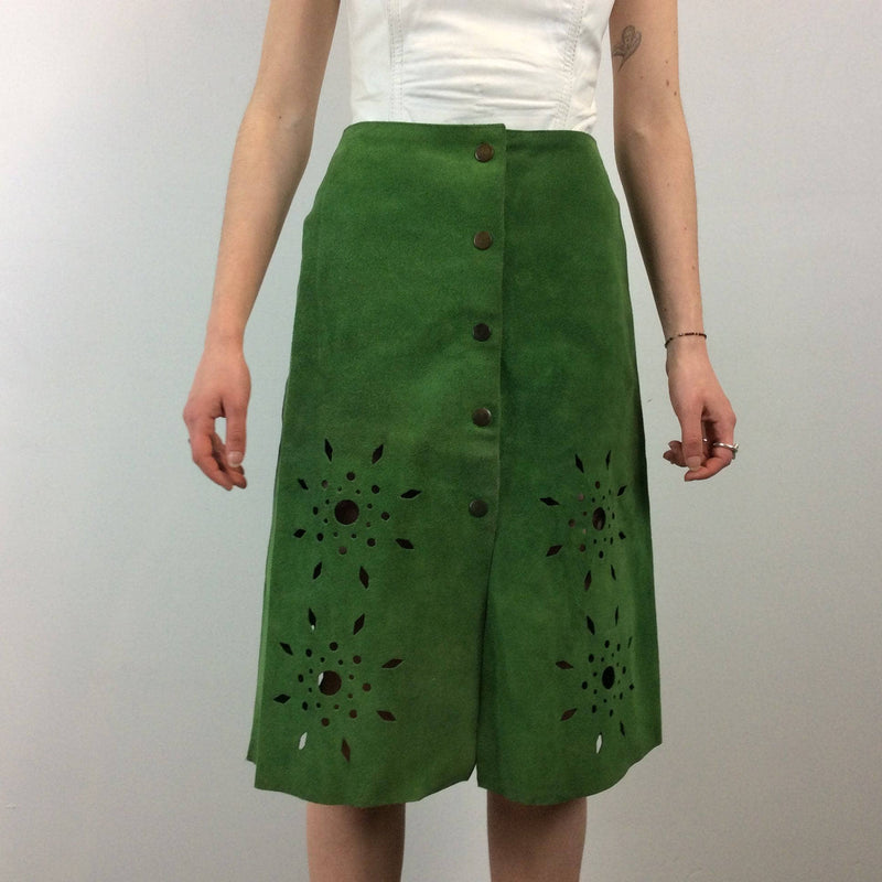 1970s Cut Out Green Suede Skirt sold by bohemevintage.com Montréal