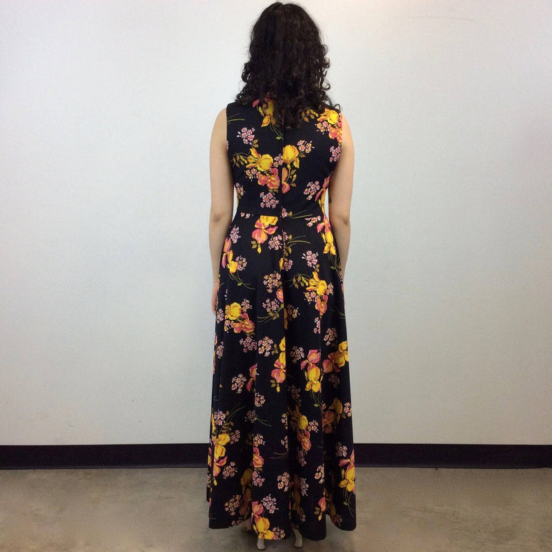 Back view of Side view of 1970s Floral Print Fit and Flare Maxi Dress Size Medium sold by bohemevintage.com