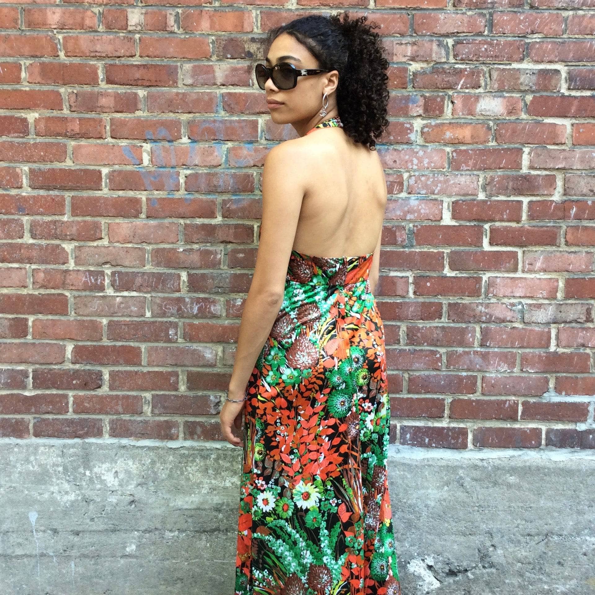 Back view of 1970s Flower Print Halter Top Maxi Dress Size Small/Medium, sold by bohemevintage.com Montréal