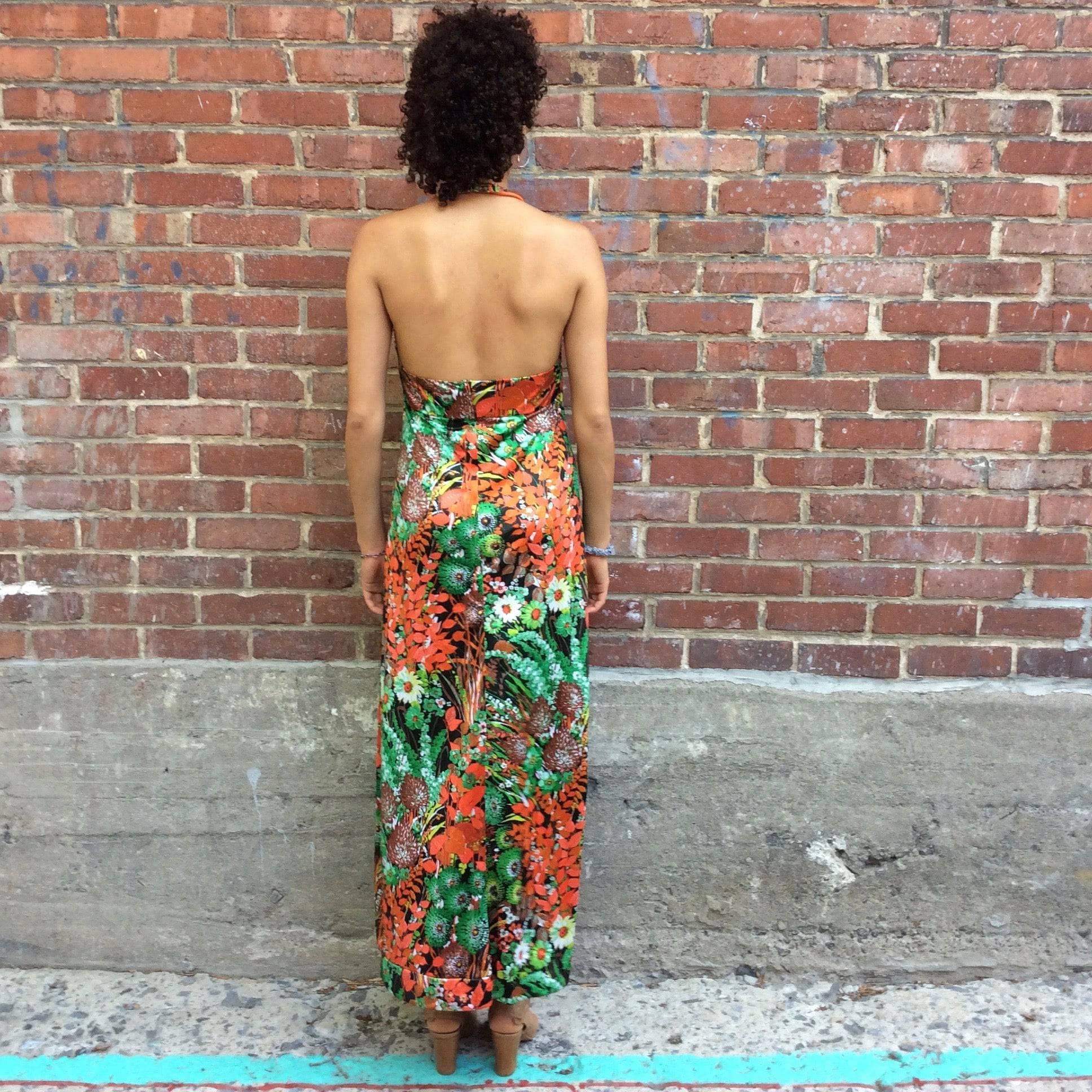Back view of 1970s Flower Print Halter Top Maxi Dress Size Small/Medium, sold by bohemevintage.com Montréal