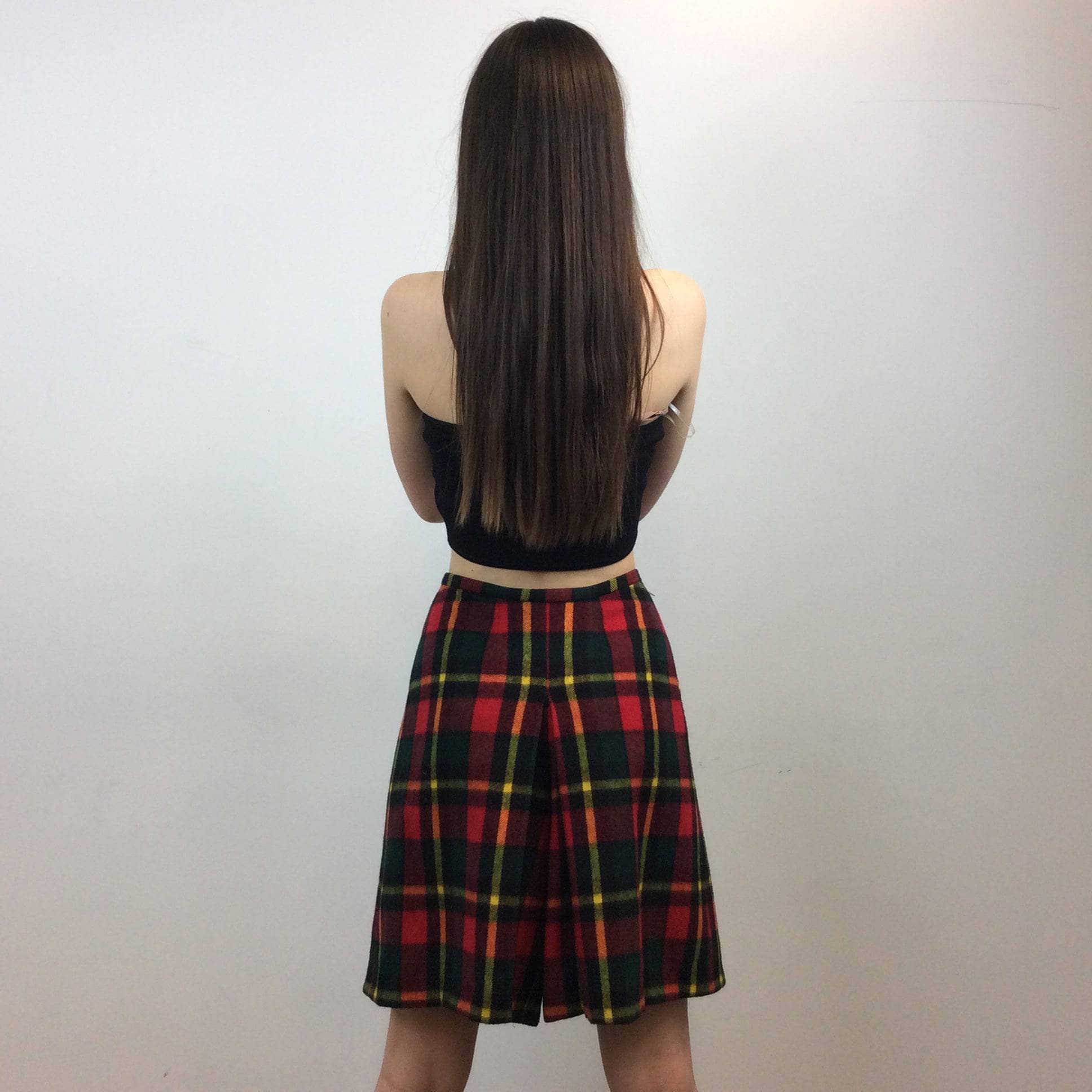 Handmade High-Waisted Knee-Length Wool Plaid Skort, Size Small