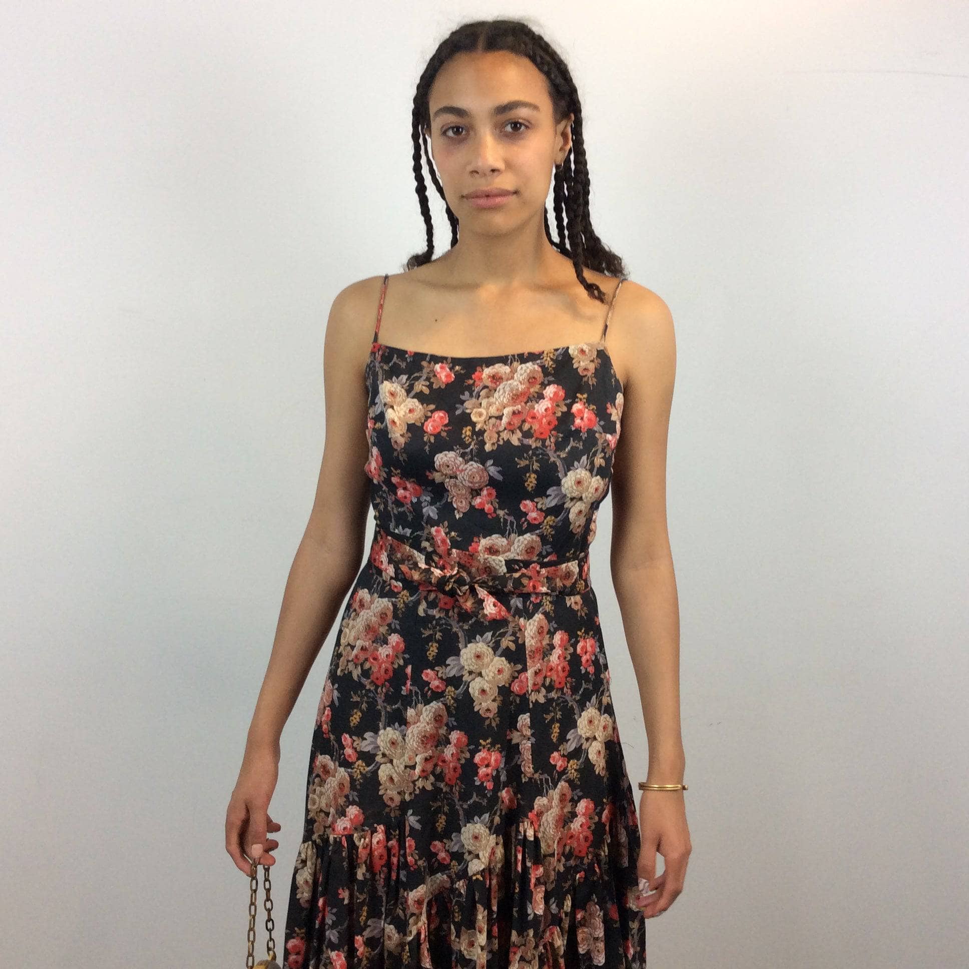 1970s Jean Jourdan Paris Floral Print Ruffle Midi Dress size Small sold by bohemevintage.com Montréal