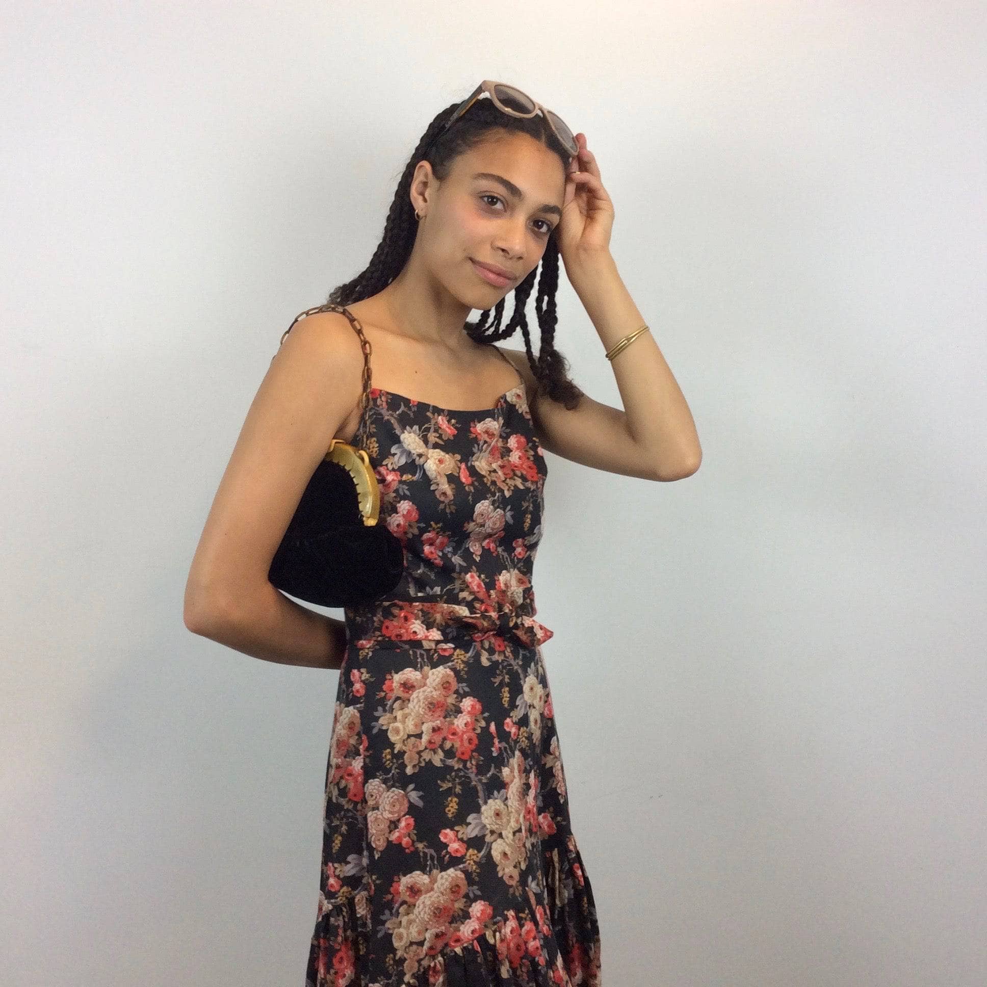 Closer Side view of 1970s Jean Jourdan Paris Floral Print Ruffle Midi Dress size Small sold by bohemevintage.com Montréal