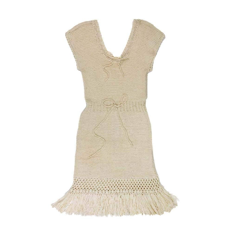 1970s Knitted Fringed Ivory Short Sleeve Dress Handmade S/M