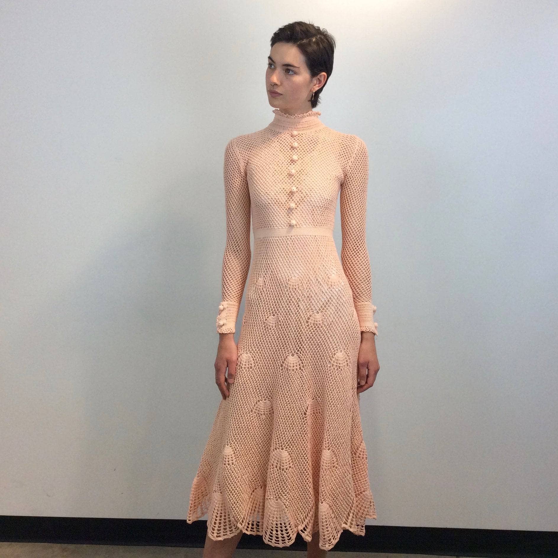  1970s Long Sleeve Crochet Mesh Midi Dress Size Small  sold by bohemevintage.com Montreal