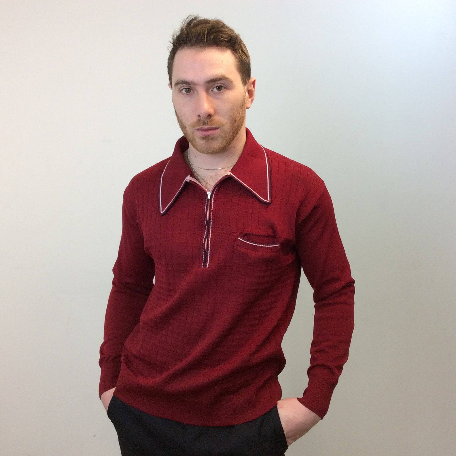 1970s Men's Burgundy Long Sleeve Knit Polo, sold by bohemevintage.com Montréal