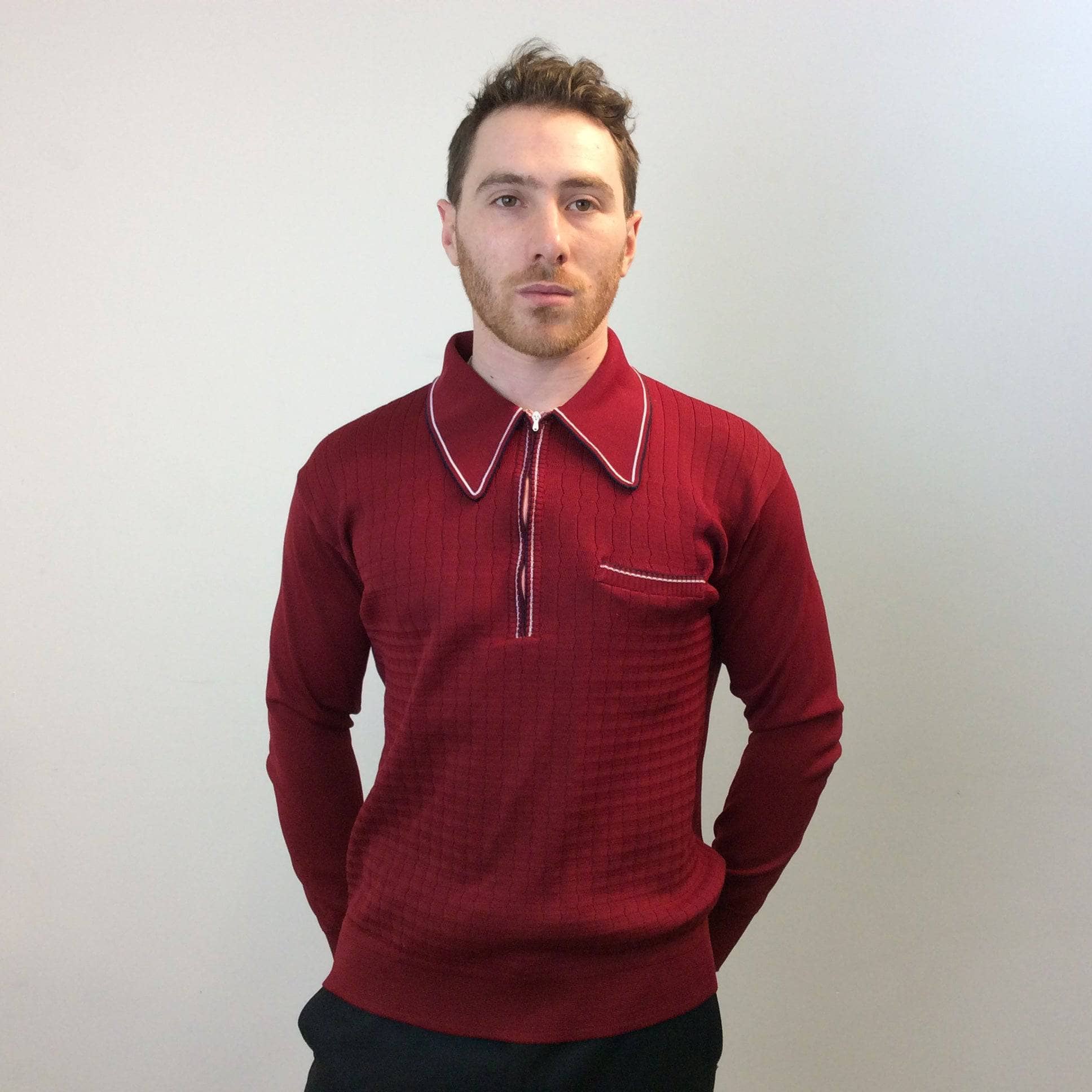 1970s Men's Burgundy Long Sleeve Knit Polo, sold by bohemevintage.com Montréal