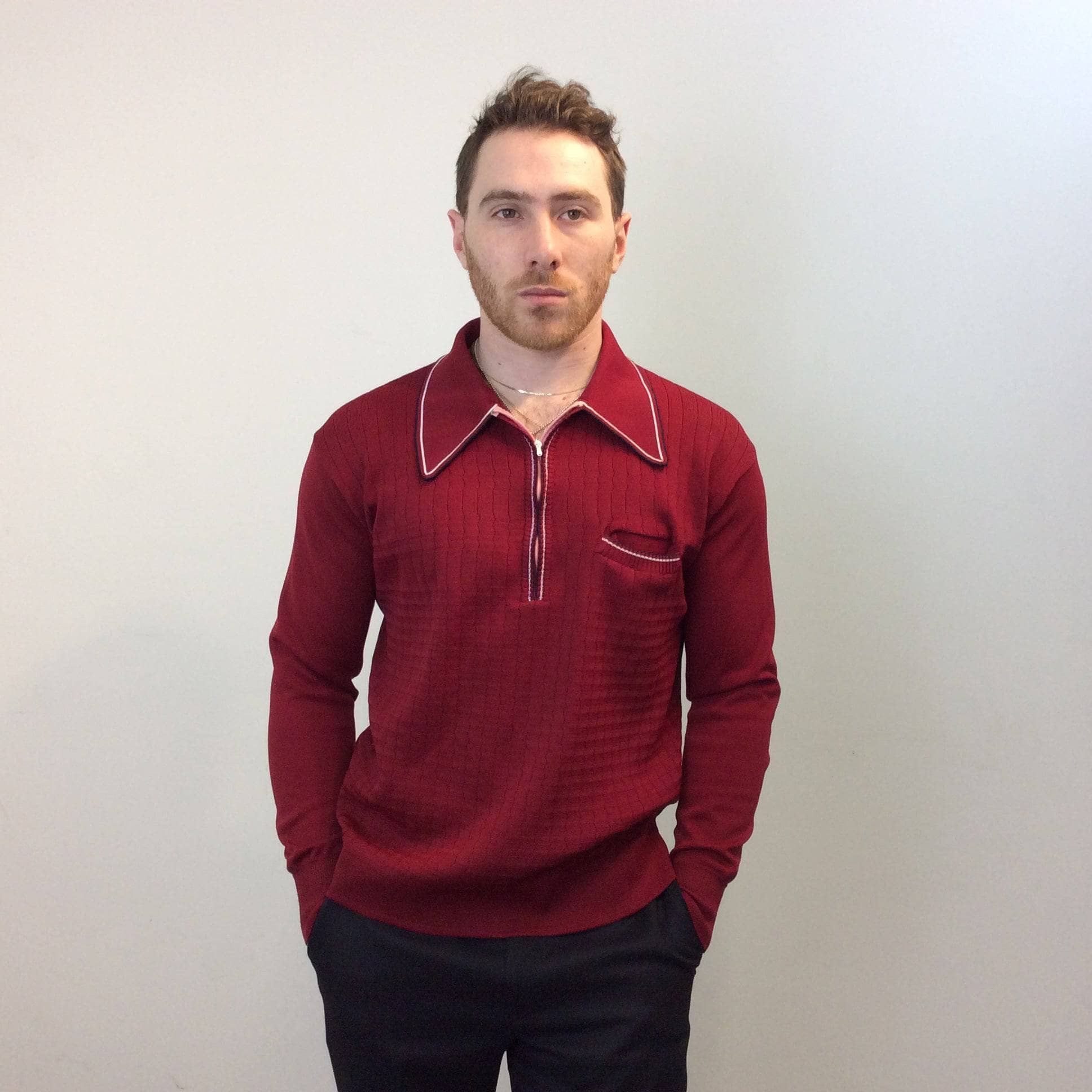 1970s Men's Burgundy Long Sleeve Knit Polo, sold by bohemevintage.com Montréal