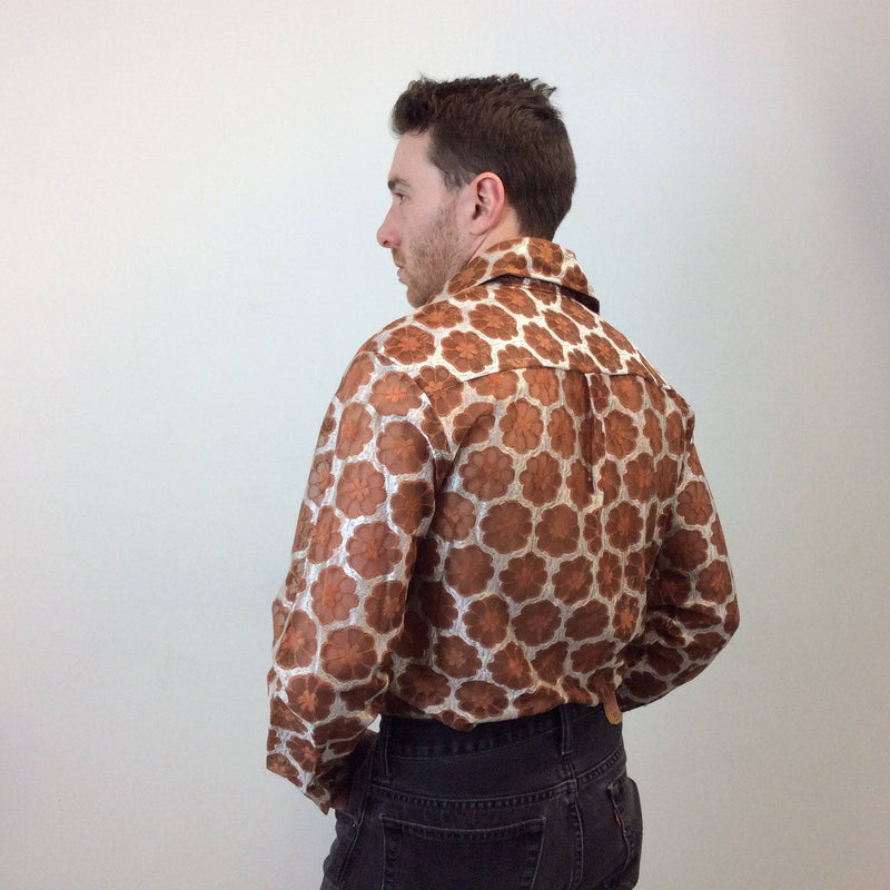 Back view of 1970s Men's Dead stock See-Through Disco Shirt Size Medium sold by bohemevintage.com Montreal