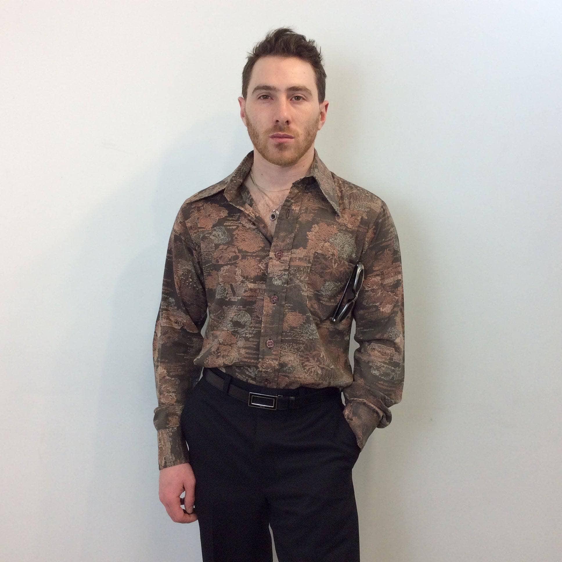 1970s "Manic" Men's Fitted Printed Shirt, sold by bohemevintage.com