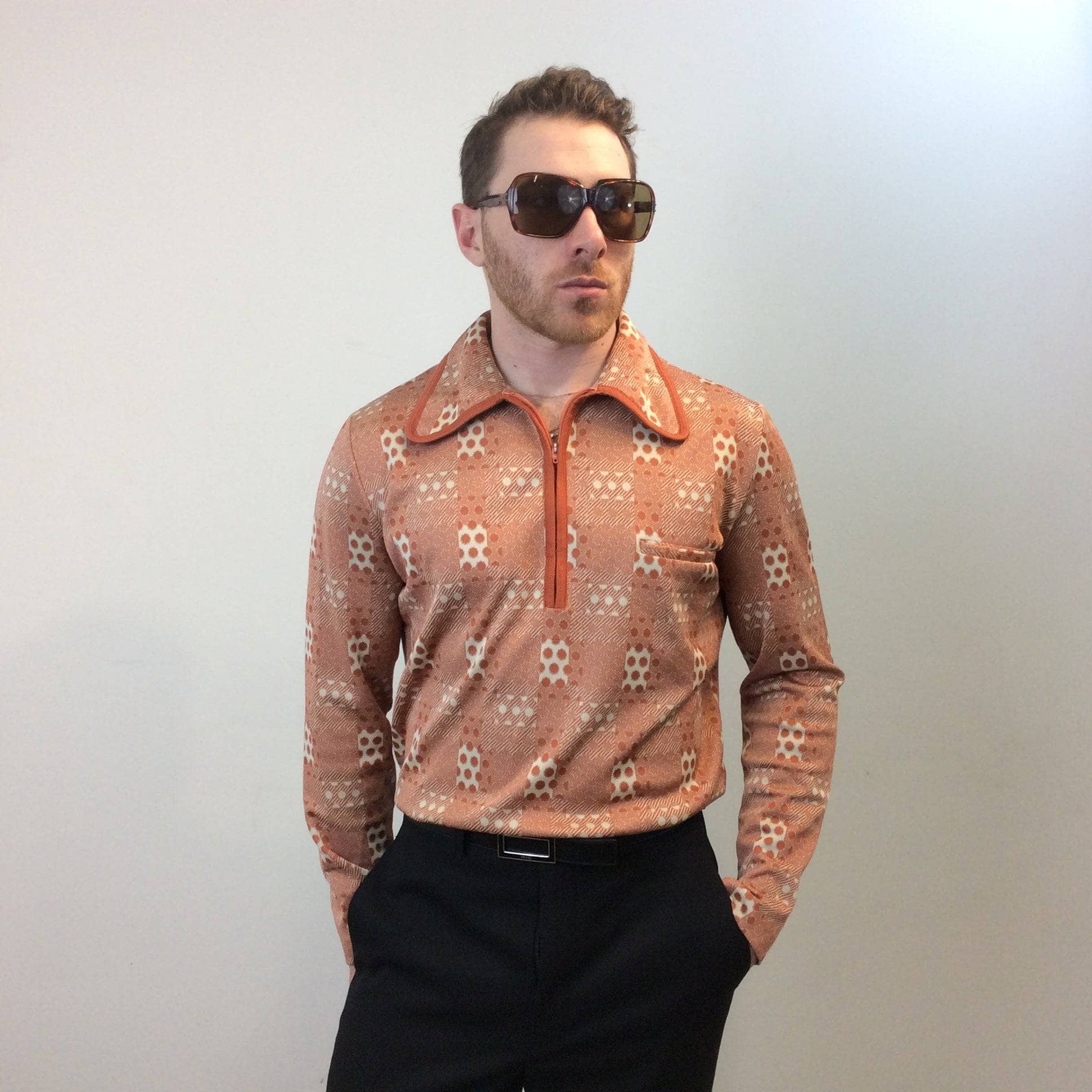 1970s Men's Long-Sleeve Zip-Up Polo, sold by bohemevintage.com Montréal