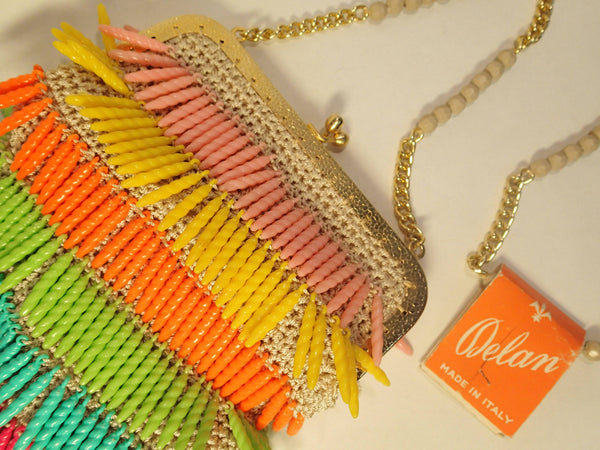Close-up of 1970s Multi-Coloured Tassels and Crochet Fantasy Bag, sold by bohemevintage.com Montréal