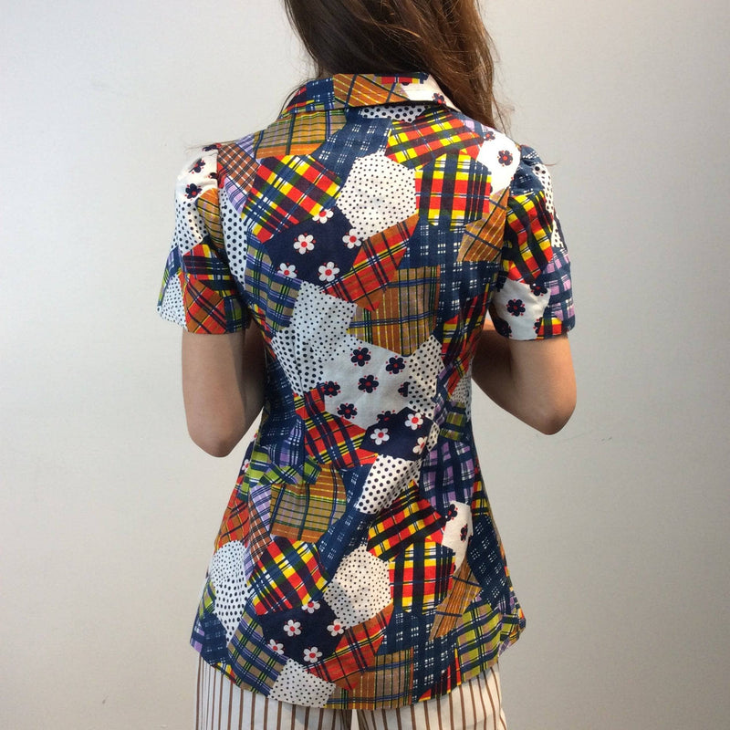 Back view of 1970s Handmade Patchwork Print Short Puff Sleeve Blouse Size Small, Sold by bohemevintage.com Montréal