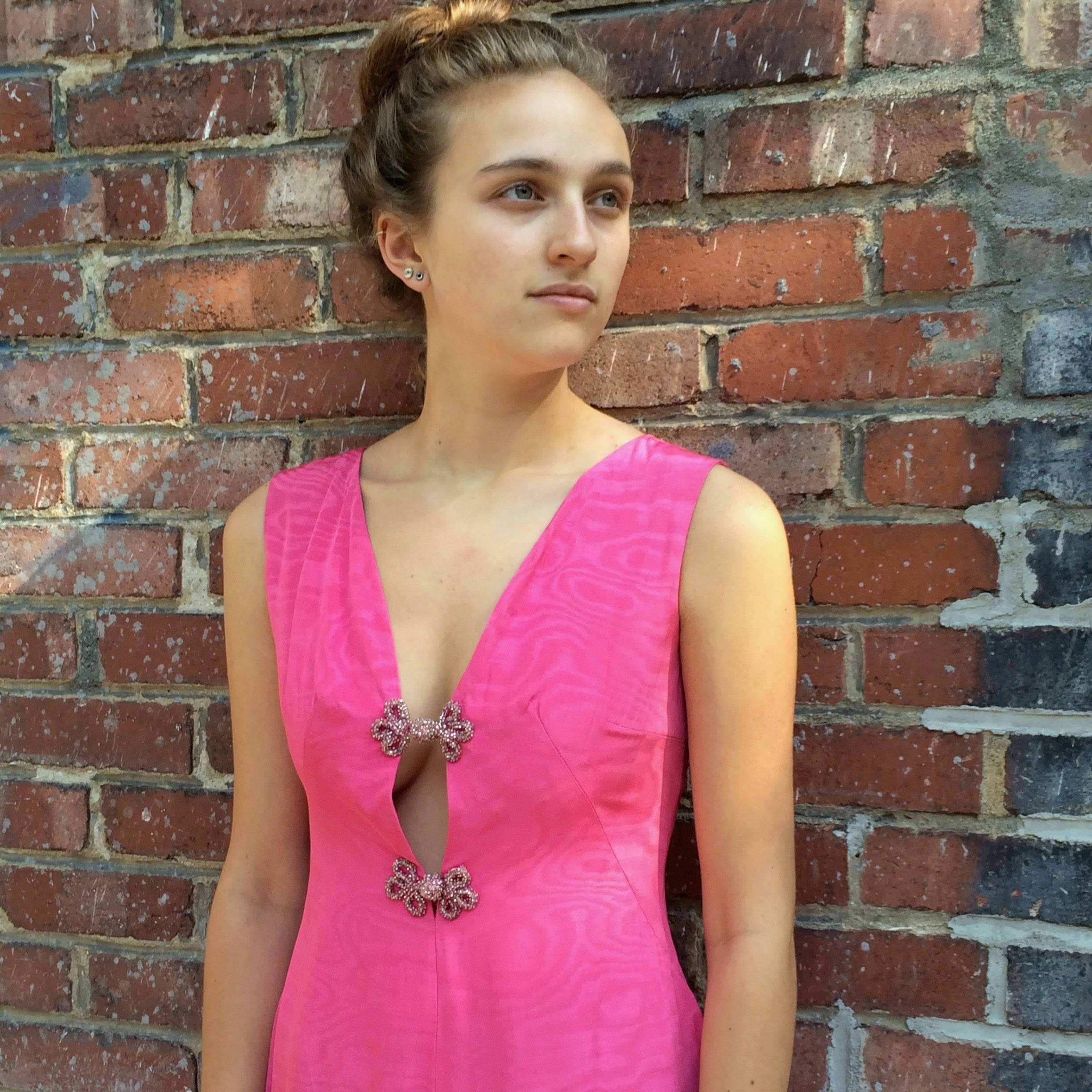  1970s Dressy Plunging Neckline Wide Leg Pink Jumpsuit Small sold by bohemevintage.com