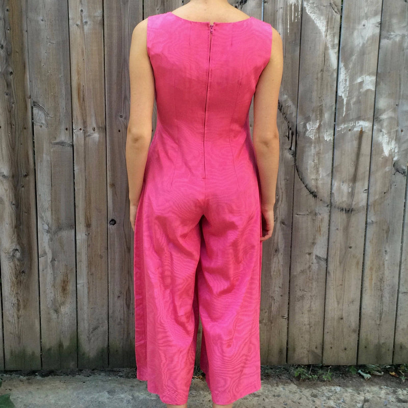  Back view of 1970s Dressy Plunging Neckline Wide Leg Pink Jumpsuit Small sold by bohemevintage.com