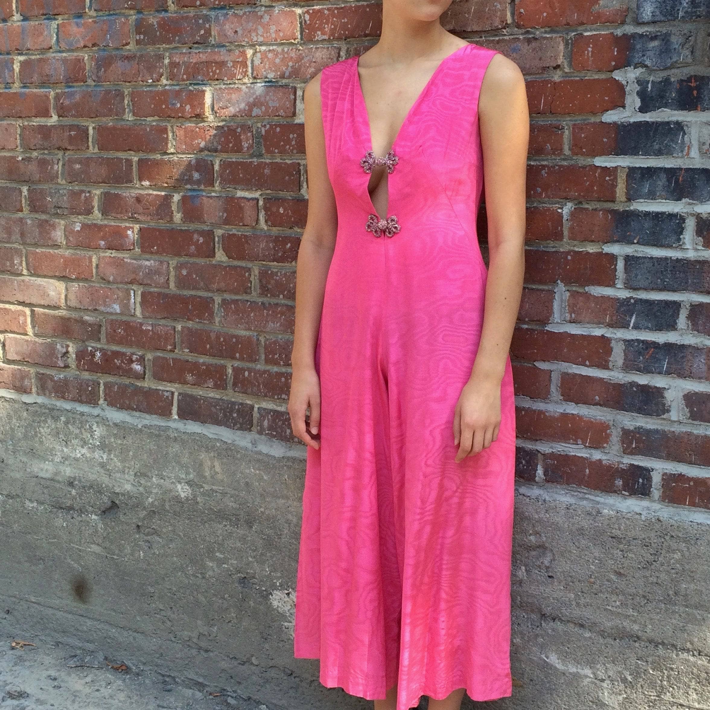  1970s Dressy Plunging Neckline Wide Leg Pink Jumpsuit Small sold by bohemevintage.com