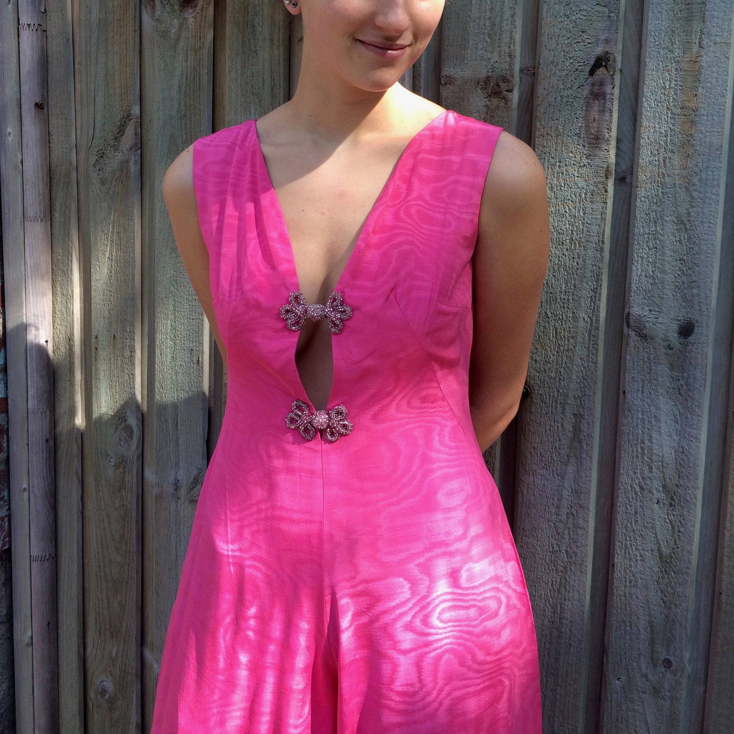  1970s Dressy Plunging Neckline Wide Leg Pink Jumpsuit Small sold by bohemevintage.com