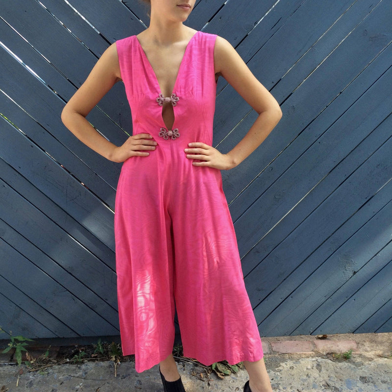 1970s Dressy Plunging Neckline Wide Leg Pink Jumpsuit Small sold by bohemevintage.com