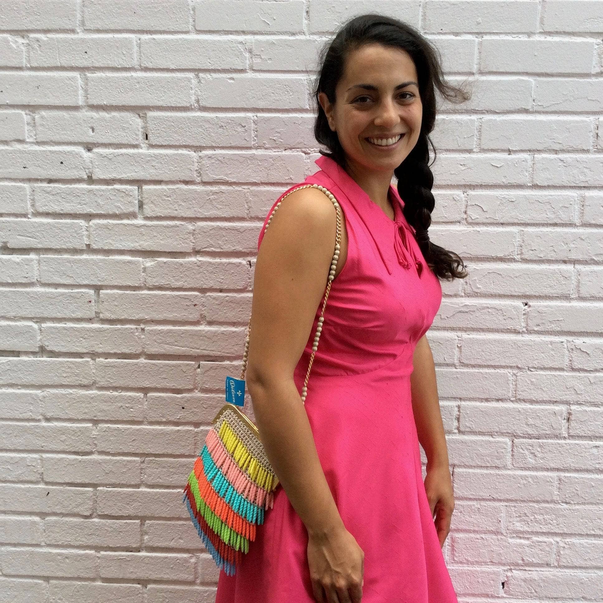 Side view of 1970s Pink Silk Midi Cocktail Dress Size Small, sold by bohemevintage.com Montréal