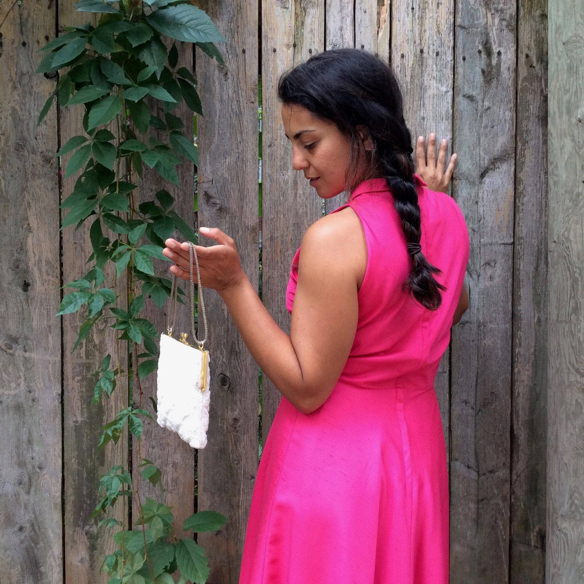 Back view of 1970s Pink Silk Midi Cocktail Dress Size Small, sold by bohemevintage.com Montréal