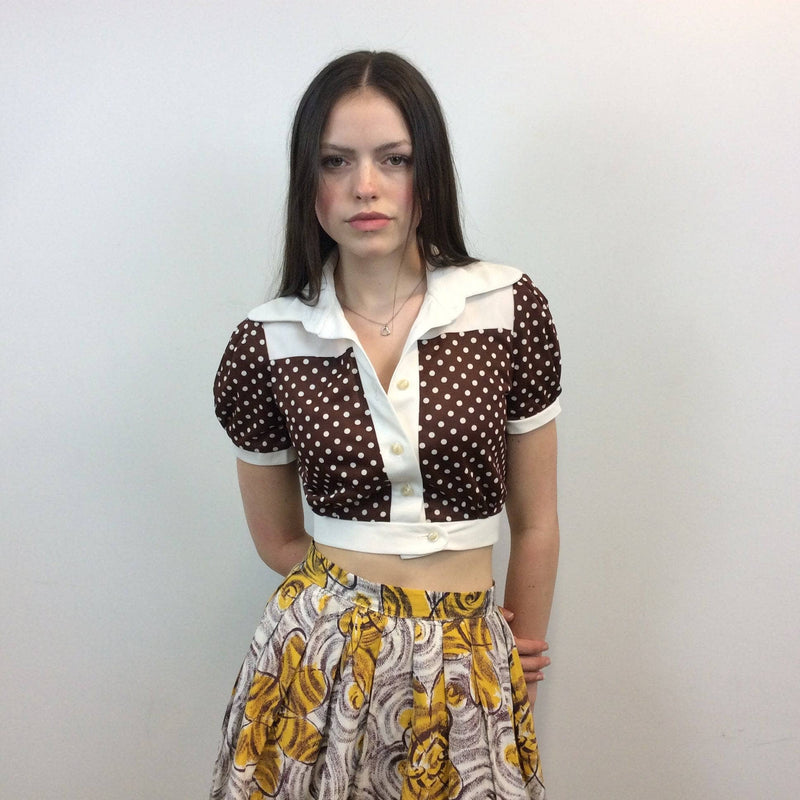 1970s Polka Dot Cropped Puff-Sleeve Blouse, size small, brown, sold by bohemevintage.com Montréal