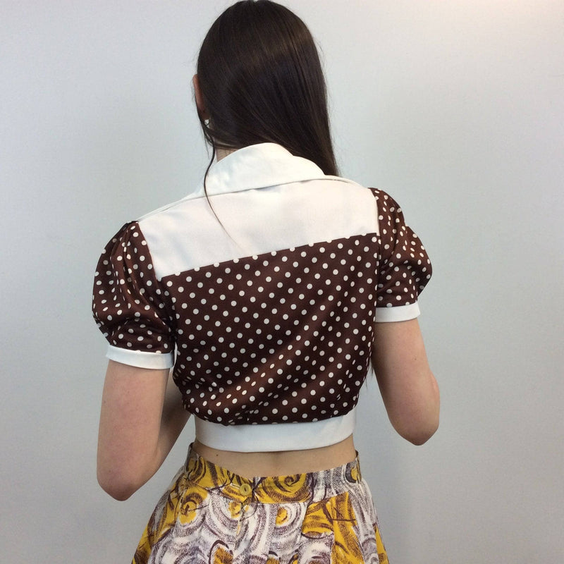 Back View of 1970s Polka Dot Cropped Puff-Sleeve Blouse, size small, brown, sold by bohemevintage.com Montréal