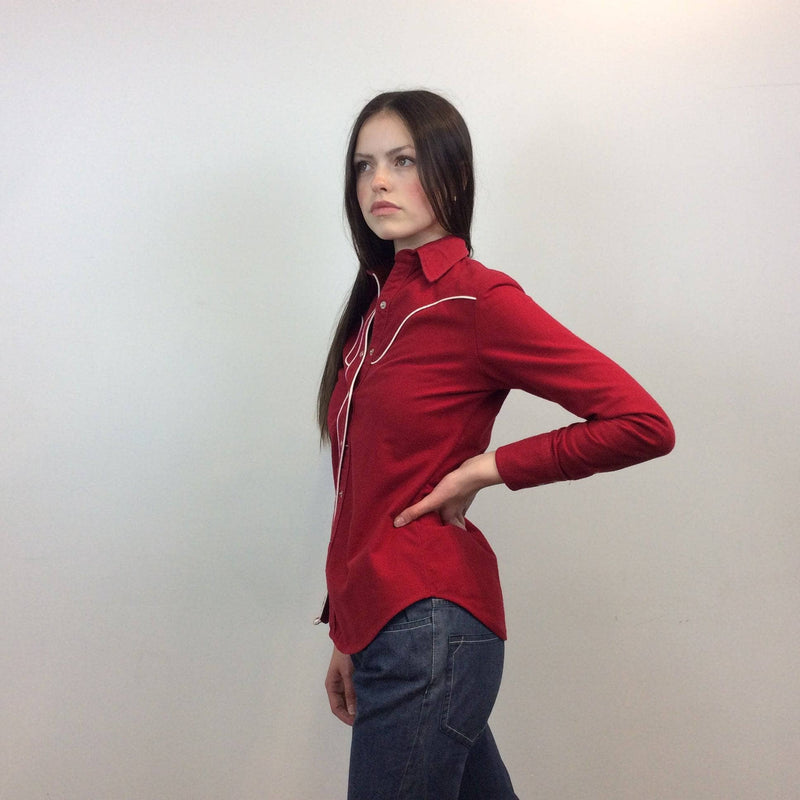 Side view of 1970s Red Western Cotton Shirt Size Small Sold by bohemevintage.com Montreal