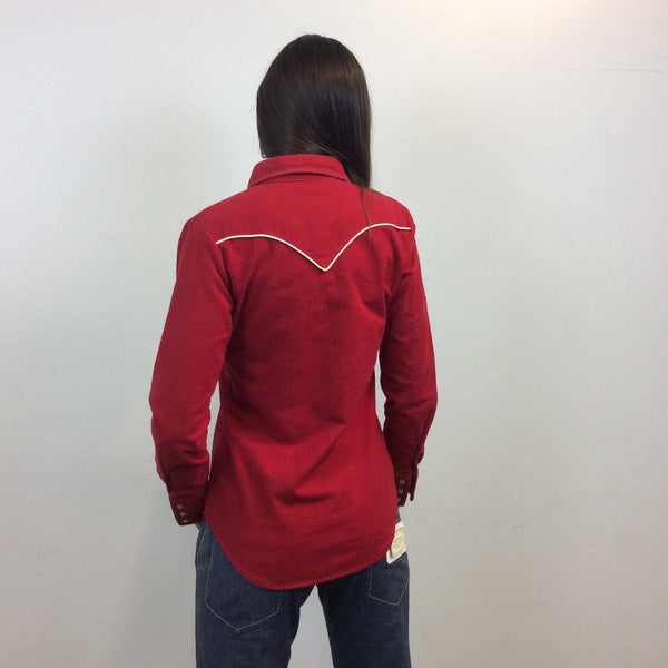 Backview of 1970s Red Western Cotton Shirt Size Small Sold by bohemevintage.com Montreal