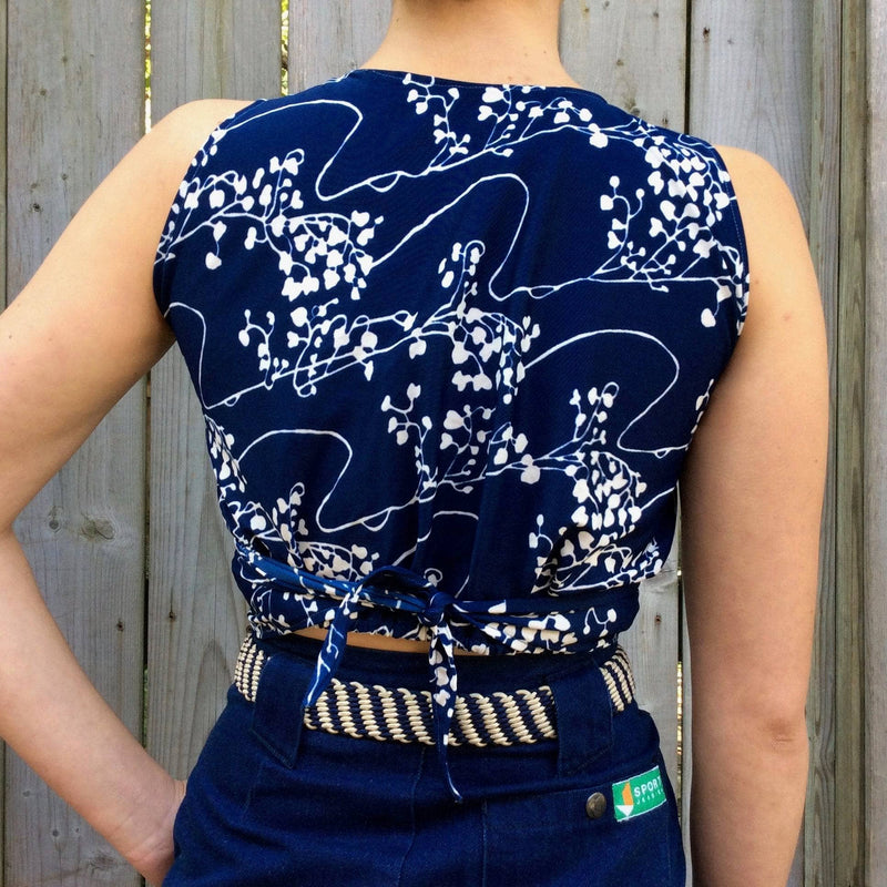 Back View of 1970s Royal Blue Wrapped Sleeveless Top SIze Small/Medium, sold by bohemevintage.com Montréal