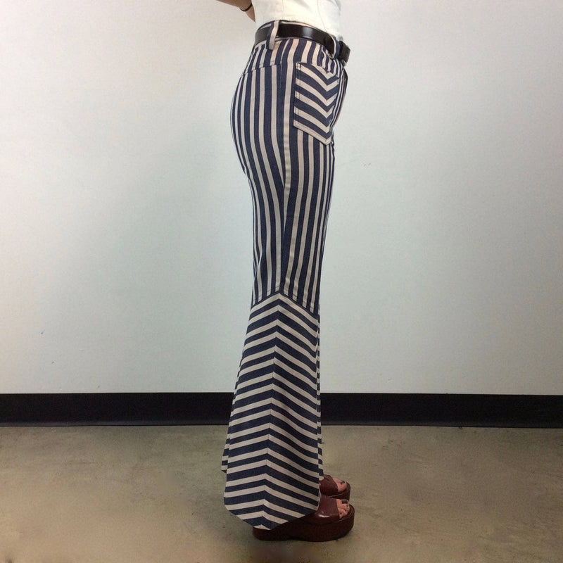 Side view of 1970s Striped Bell Bottom Jeans Size X-Small / Small sold by bohemevintage.com Montreal