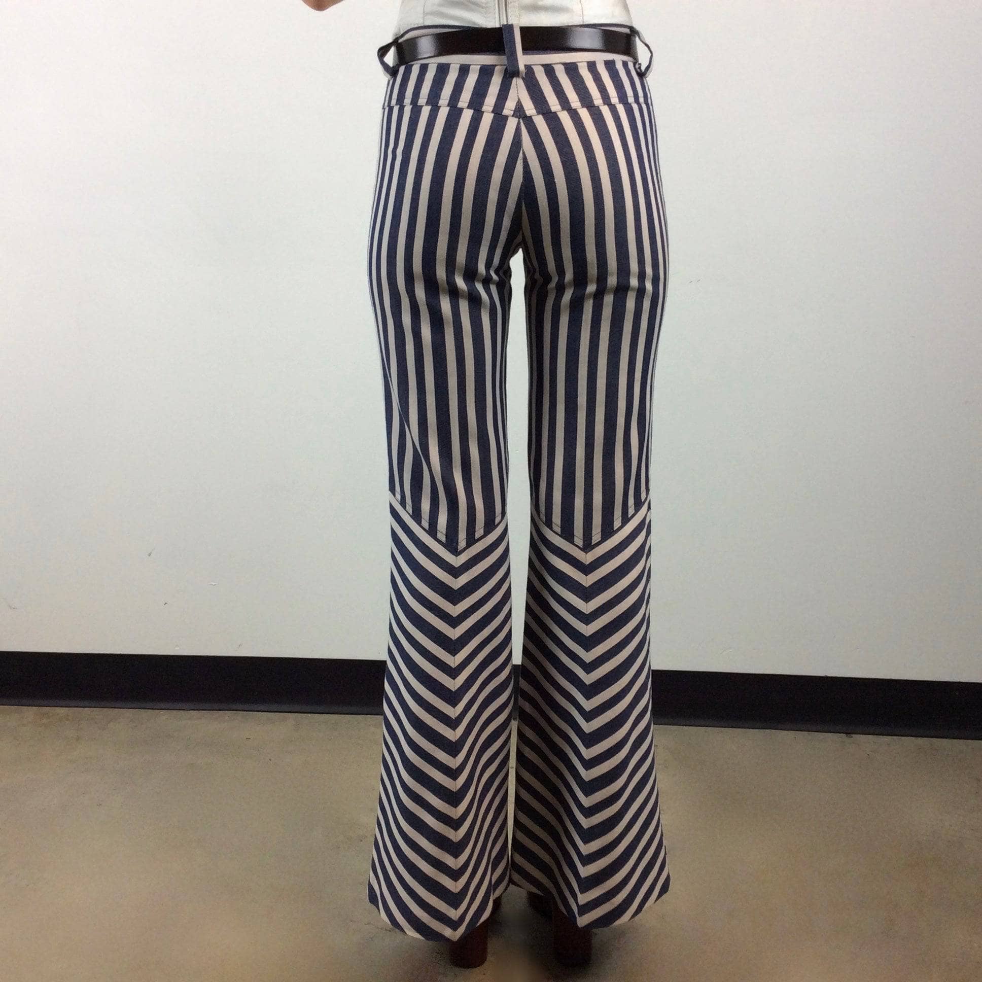 Back view of 1970s Striped Bell Bottom Jeans Size X-Small / Small sold by bohemevintage.com Montreal