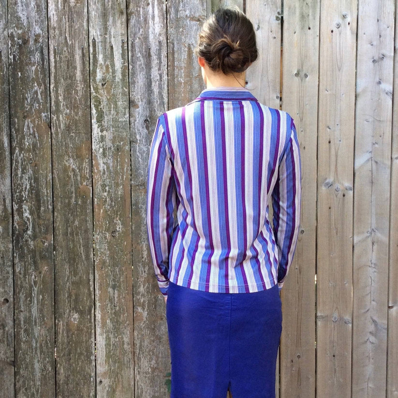 Back view of 1970s Striped Purple Button-up Shirt Size Small/Medium, sold by bohemevintage.com Montréal