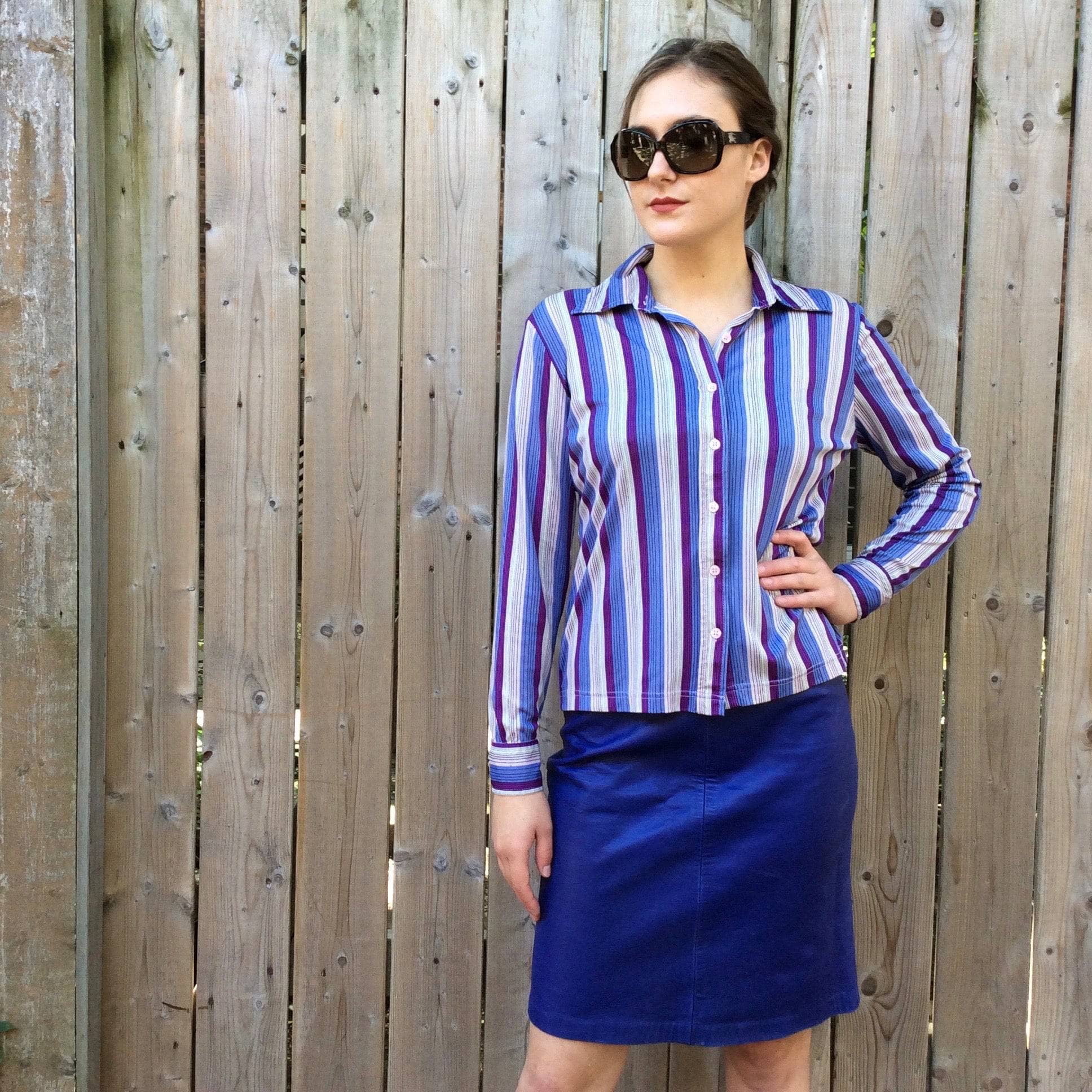1970s Striped Purple Button-up Shirt Size Small/Medium, sold by bohemevintage.com Montréal