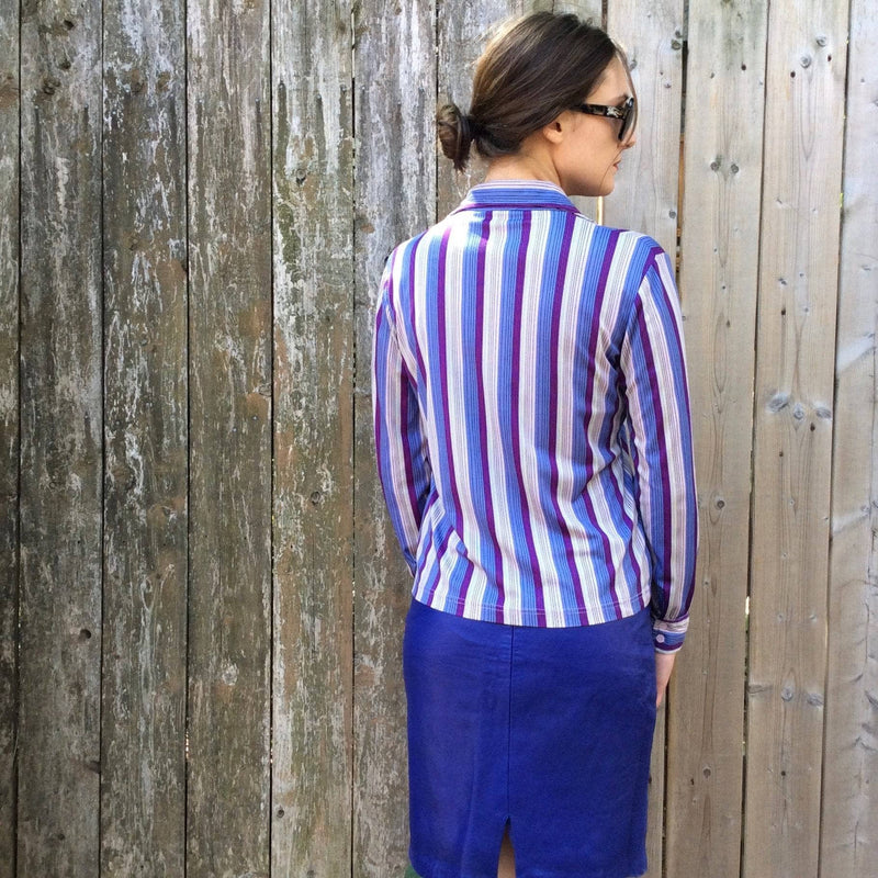 Back view of 1970s Striped Purple Button-up Shirt Size Small/Medium, sold by bohemevintage.com Montréal