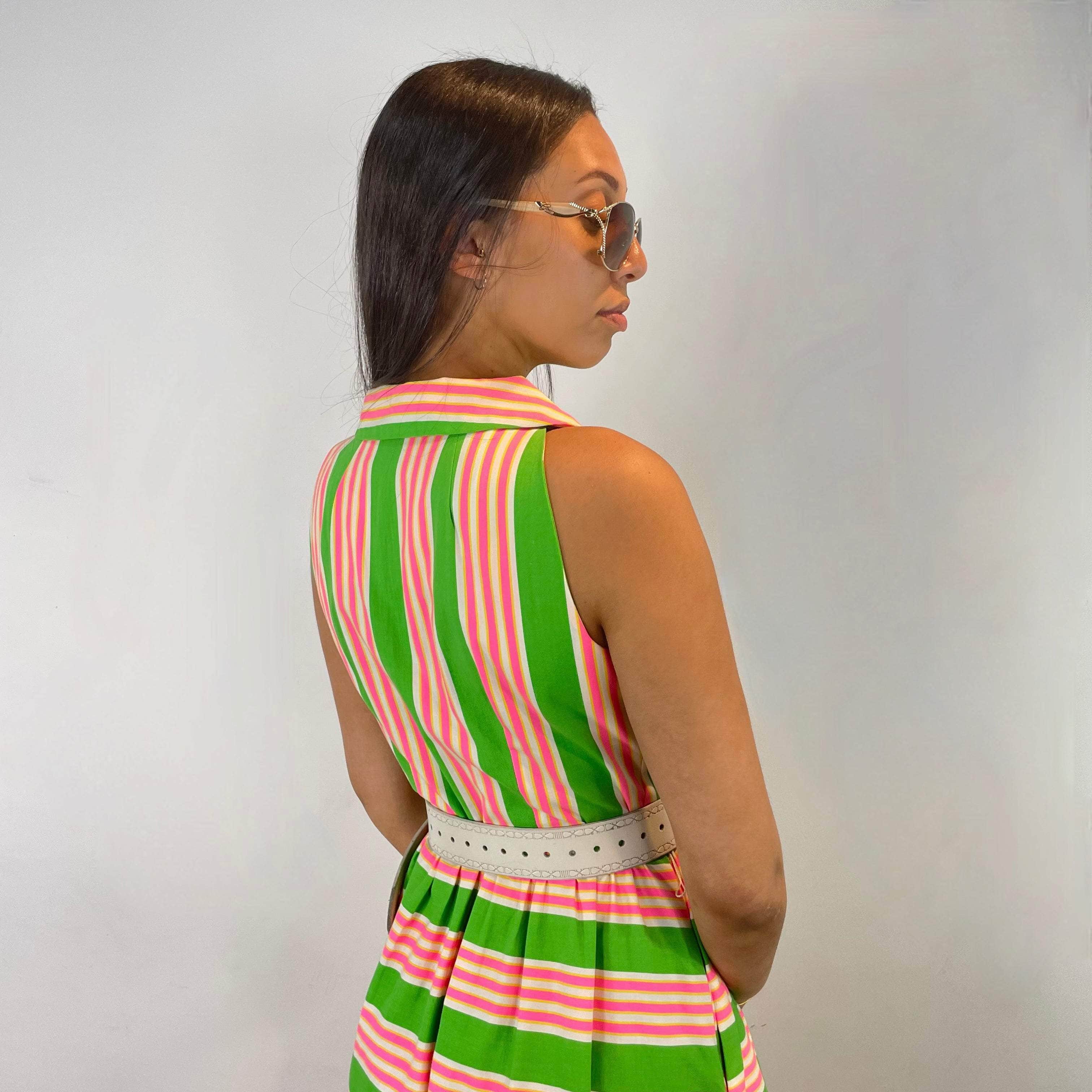 Back view of top of 1970s Striped Wide Leg Cotton Jumpsuit Size small sold at bohemevintage.com Montreal