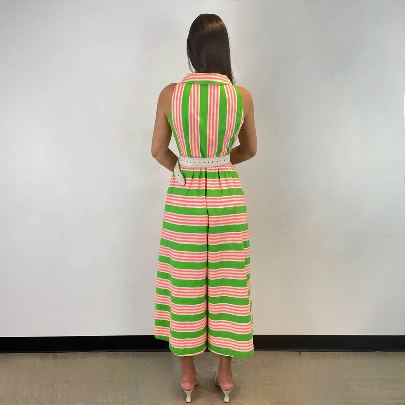 Back view of 1970s Striped Wide Leg Cotton Jumpsuit Size small sold at bohemevintage.com Montreal