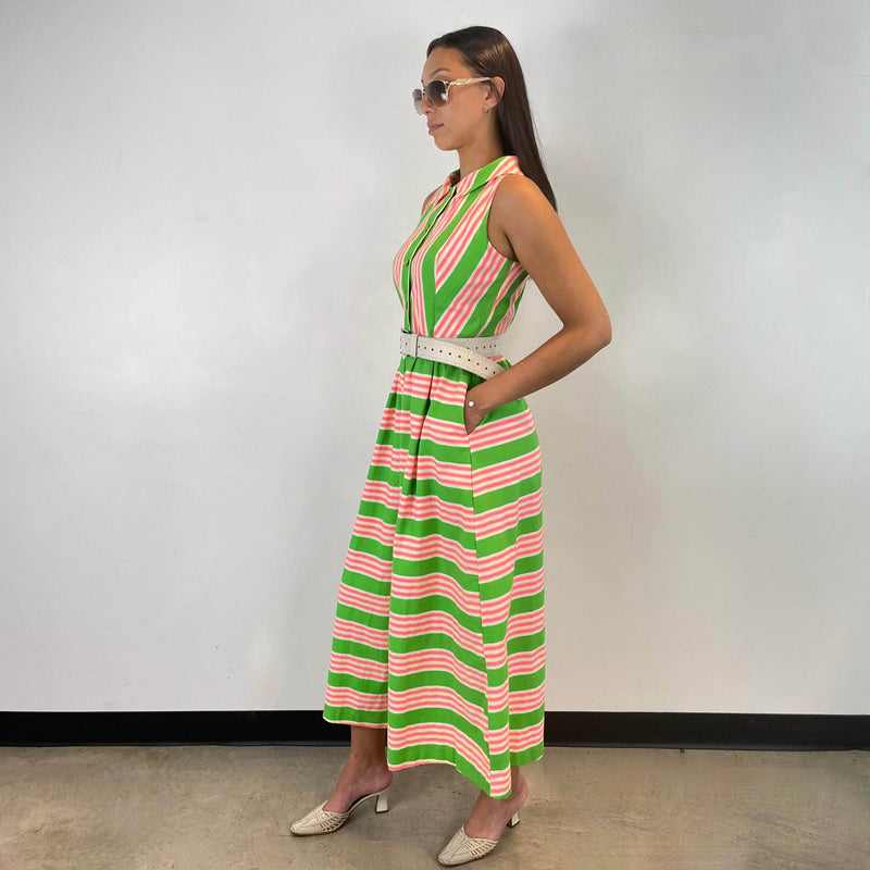 Side view of 1970s Striped Wide Leg Cotton Jumpsuit Size small sold at bohemevintage.com Montreal