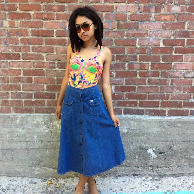 1970s Midi Length Button-up Jean Skirt by brand UFO sold by bohemevintage.com Montreal