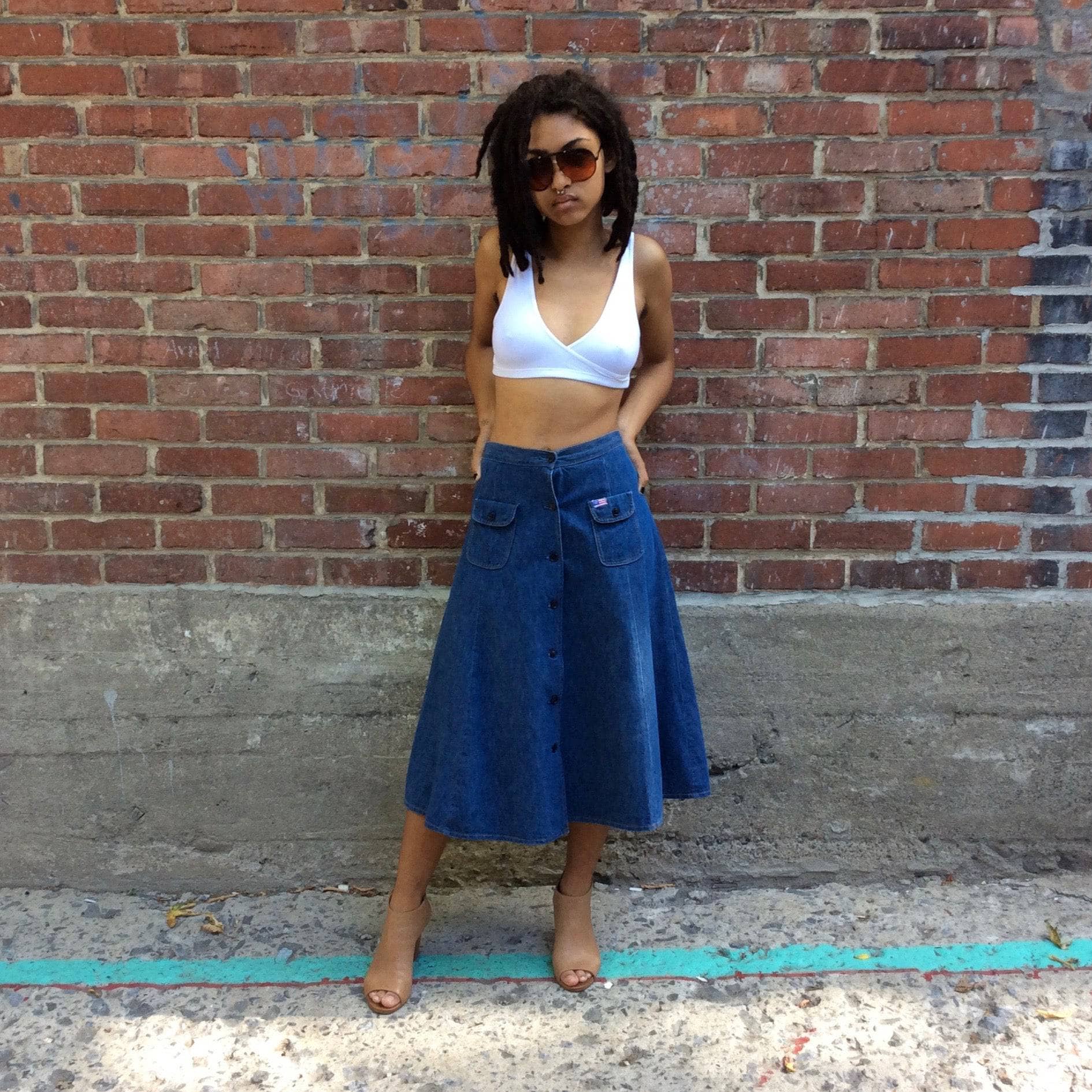 1970s Midi Length Button-up Jean Skirt by brand UFO sold by bohemevintage.com Montreal