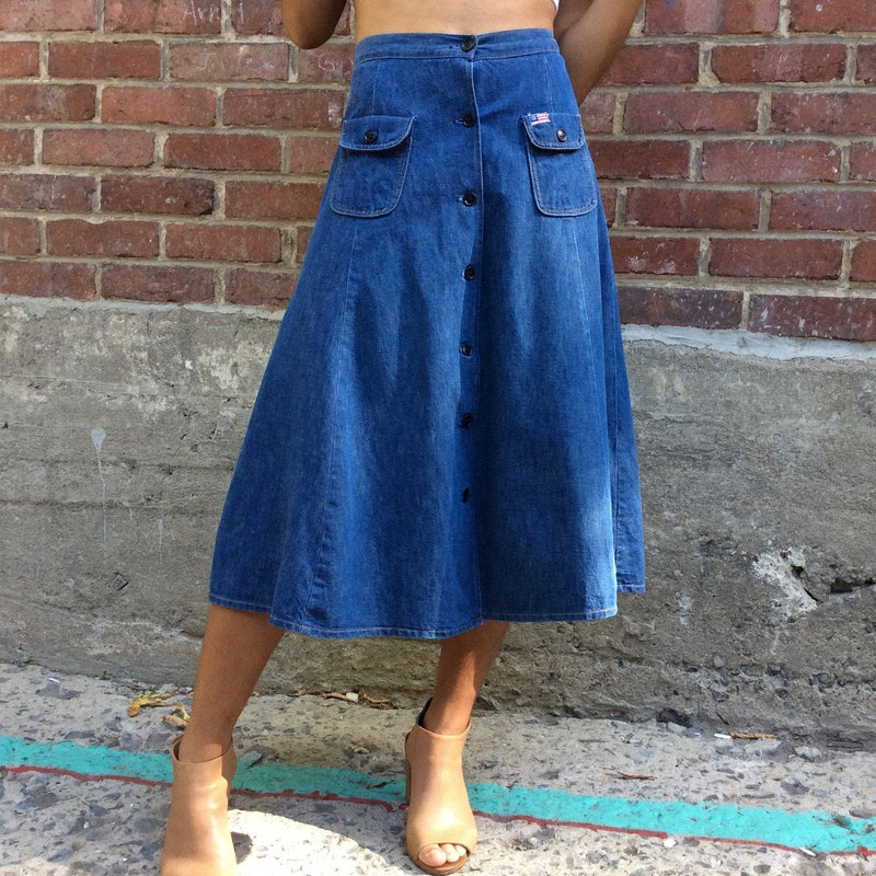  1970s Midi Length Button-up Jean Skirt by brand UFO sold by bohemevintage.com Montreal