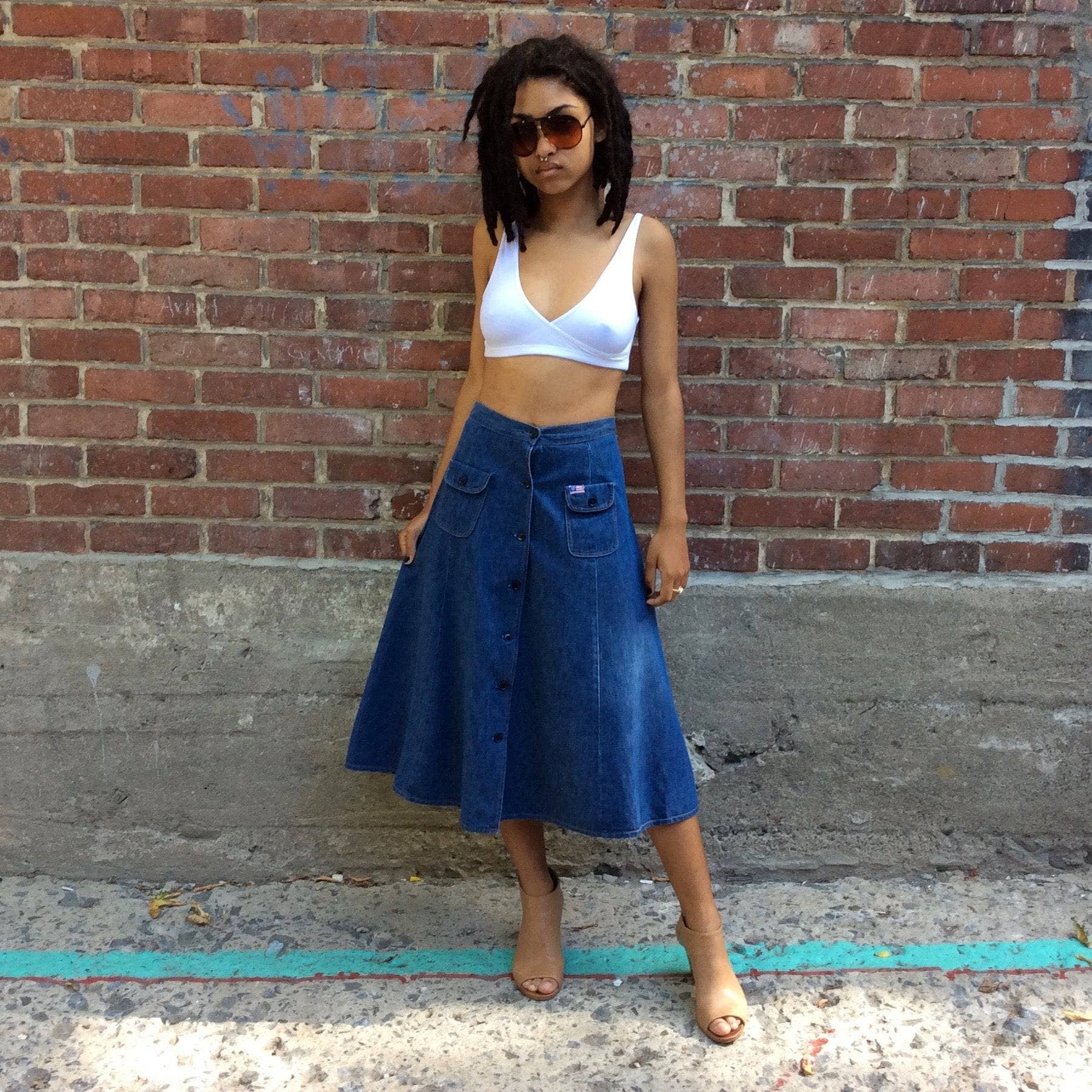 1970s Midi Length Button-up Jean Skirt  by brand UFO sold by bohemevintage.com Montreal 