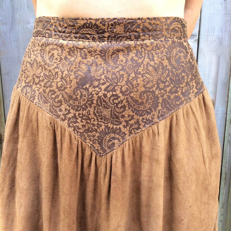 Yoke detailing of 1980's Brown Soft Suede Yoked Midi Skirt sold by bohemevintage.com