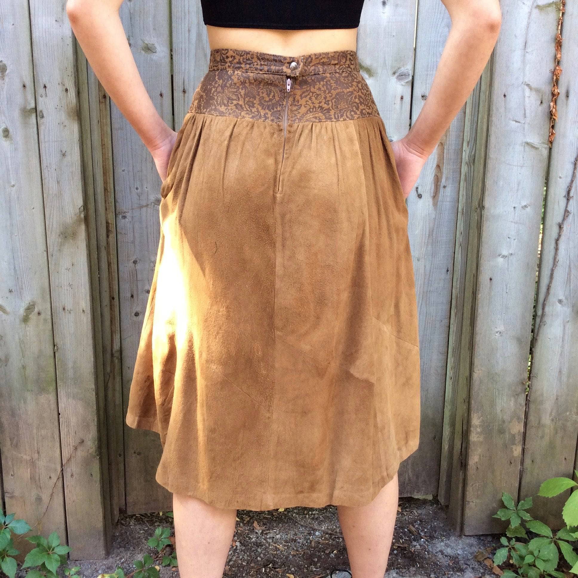 Back View of 1980's Brown Soft Suede Yoked Midi Skirt Size Small, sold by bohemevintage.com Montréal
