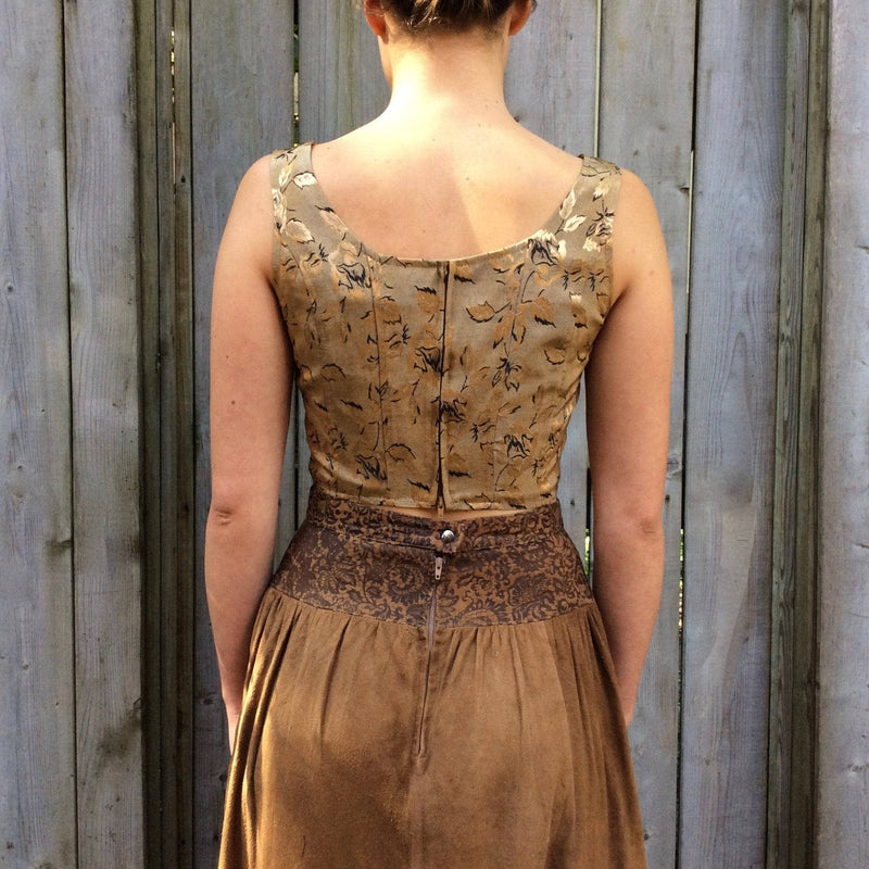 Back View of 1980's Brown Soft Suede Yoked Midi Skirt Size Small, sold by bohemevintage.com Montréal