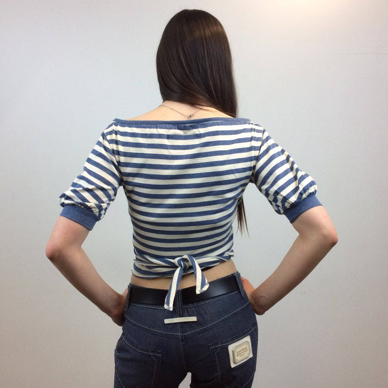 Back View of 1980s Byblos Cropped Short Sleeve Striped T-Shirt, sold by bohemevintage.com Montréal