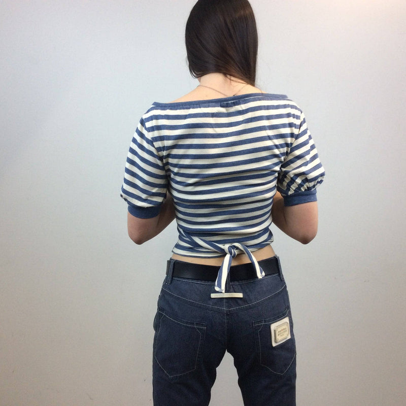Back View of 1980s Byblos Cropped Short Sleeve Striped T-Shirt, sold by bohemevintage.com Montréal