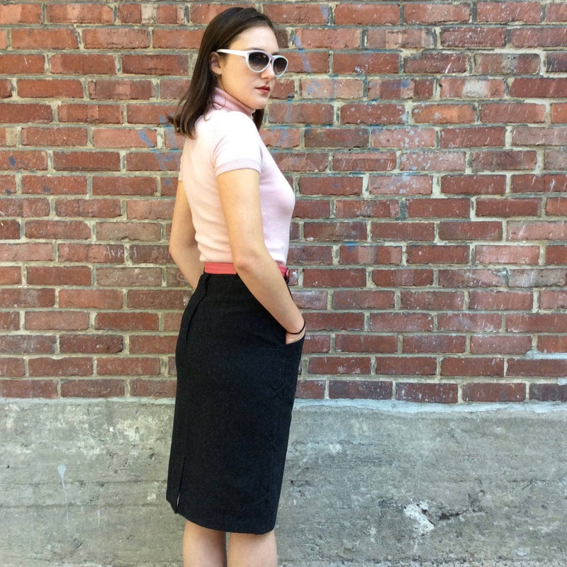 Side View of 1980's Charcoal Grey Wool Pencil Skirt with Side Detailing, sold by bohemevintage.com Montréal