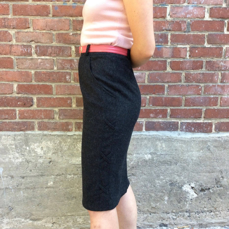 Side View 1980's Charcoal Grey Wool Pencil Skirt with Side Detailing, sold by bohemevintage.com Montréal