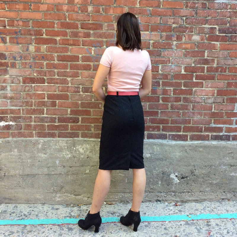 Back View of 1980's Charcoal Grey Wool Pencil Skirt with Side Detailing, sold by bohemevintage.com Montréal